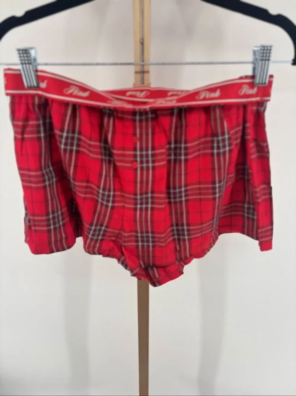 PINK Victoria’s Secret Pajama Shorts Red Plaid Womens M NWT Metallic Logo Script